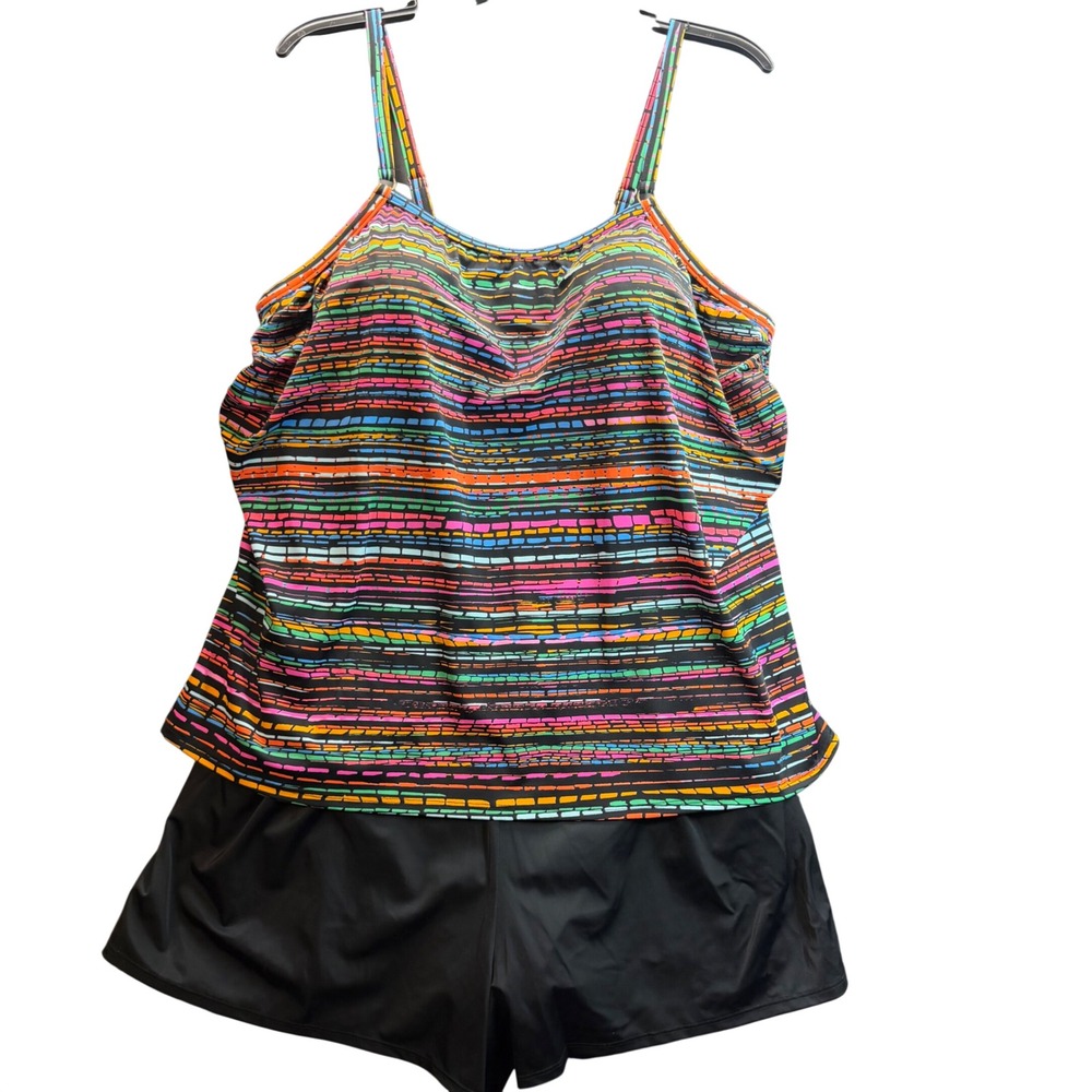 Trimshaper‎ Tankini Swimsuit Women 22W Multicolor Striped Resort Vacation Shorts